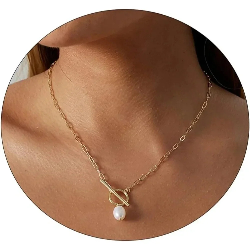 ❤️Women Gold Plated Half Chain  Necklace Minimalist Pearl Cuban Chain Jewelry